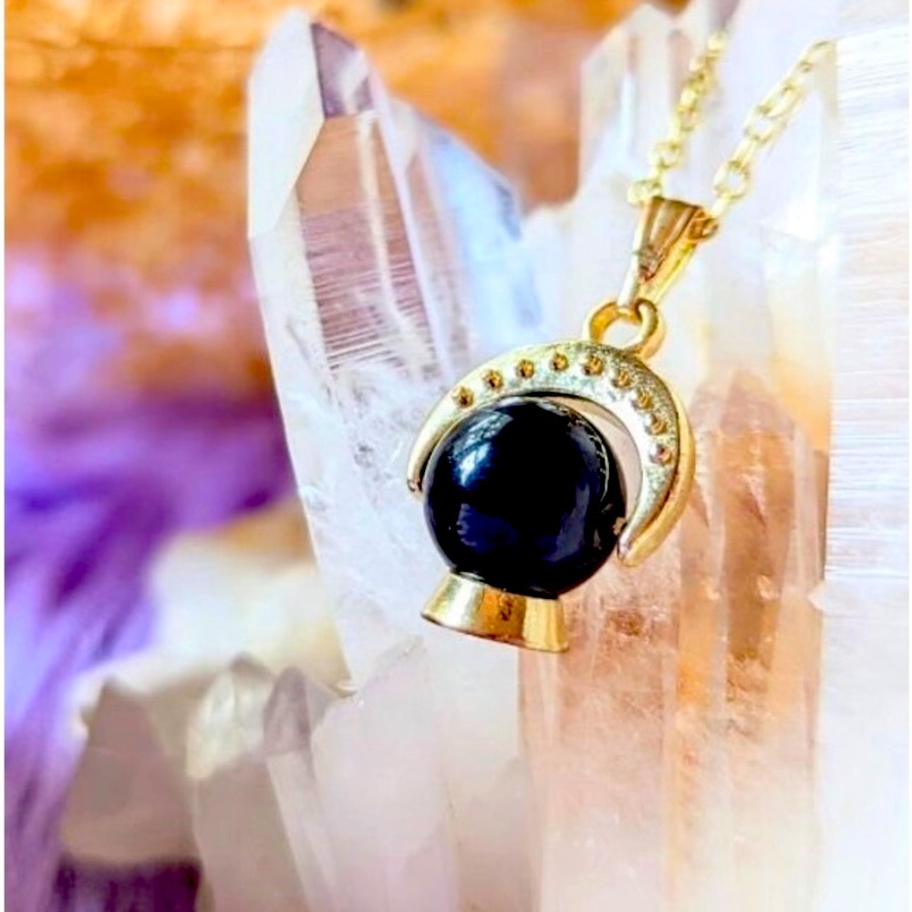 Obsidian 14K Gold Plated Chain Crystal Ball Under Crescent Moon Pendant Necklace